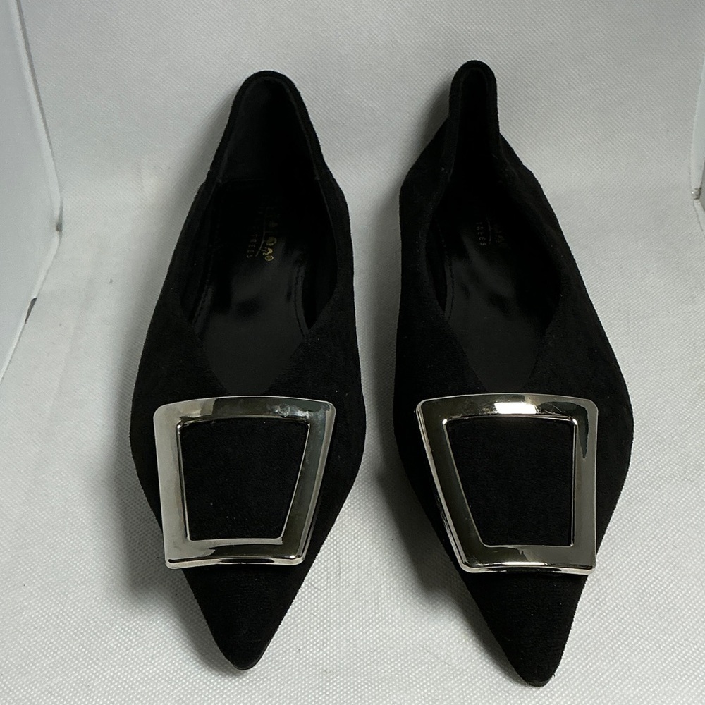 Seven Big Trees Black Suede Pointed Toe Flats Silver Buckle Size 9 - Picture 3 of 11